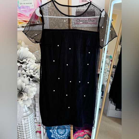 SHEIN Dresses & Skirts - Elegant Black Sheer Dress with Pearl Accents